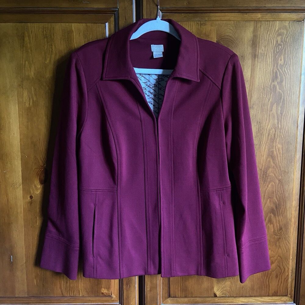 Chico's Ponte Knit Blazer Jacket Size Medium Burgundy Mulberry Red Chic Career